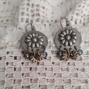 Handmade Silver-Tone Floral Drop Earrings with Gold Accents